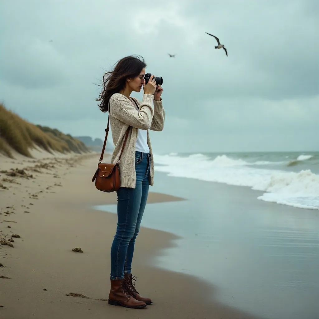 Young Woman with Camera on a Cloudy Beach