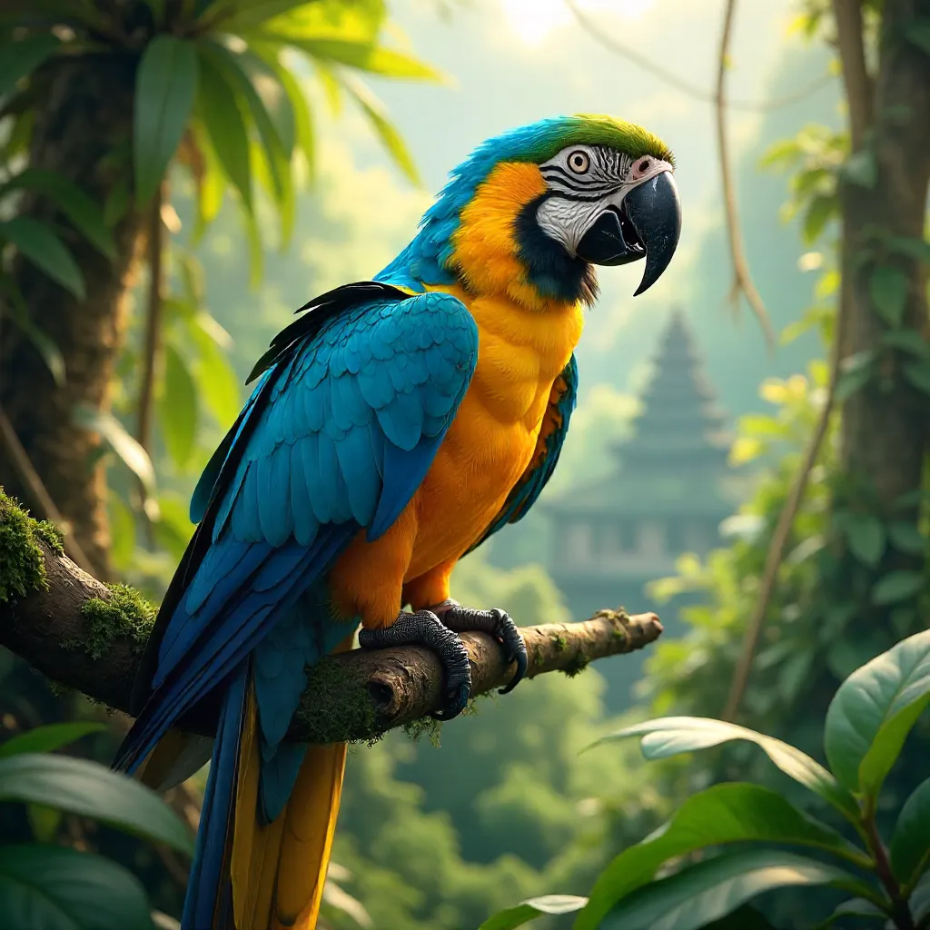 Vibrant Blue-and-Yellow Macaw in Balinese Jungle