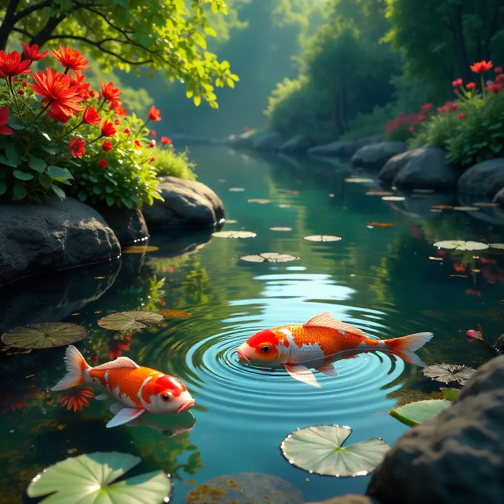 Vibrant Koi in a Red-Flowered Pond Oasis
