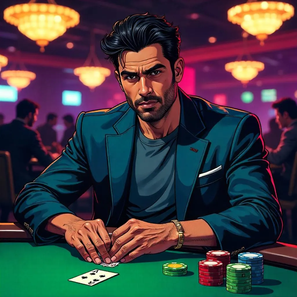 Bold Indian Man at a Comic Poker Table