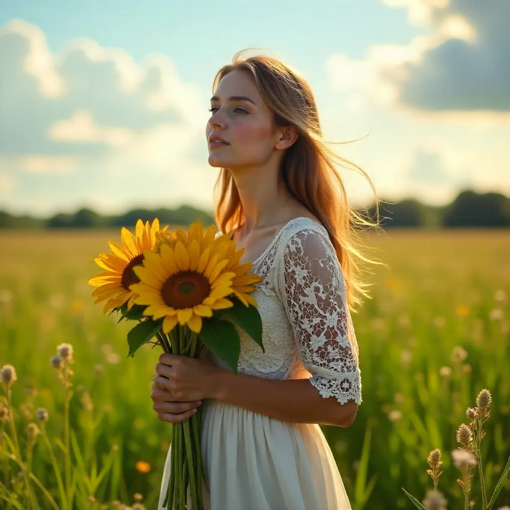 Sunlit Lace Dress in a Sunflower Field