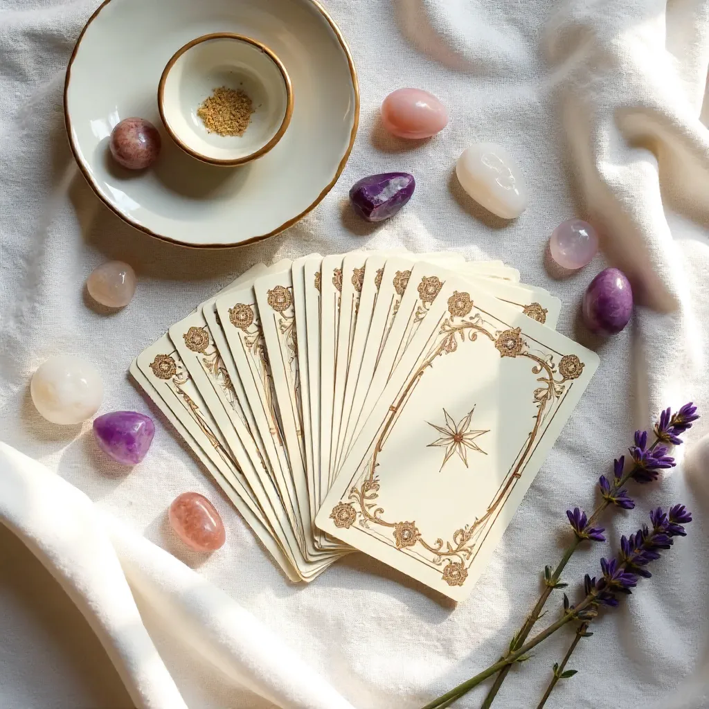 Calm Flat Lay: Tarot Cards with Crystals and Dish