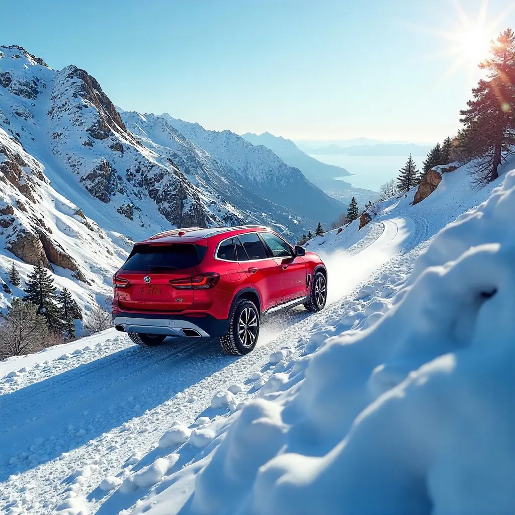 Red SUV Climbing Snowy Slope in Trabzon, Türkiye