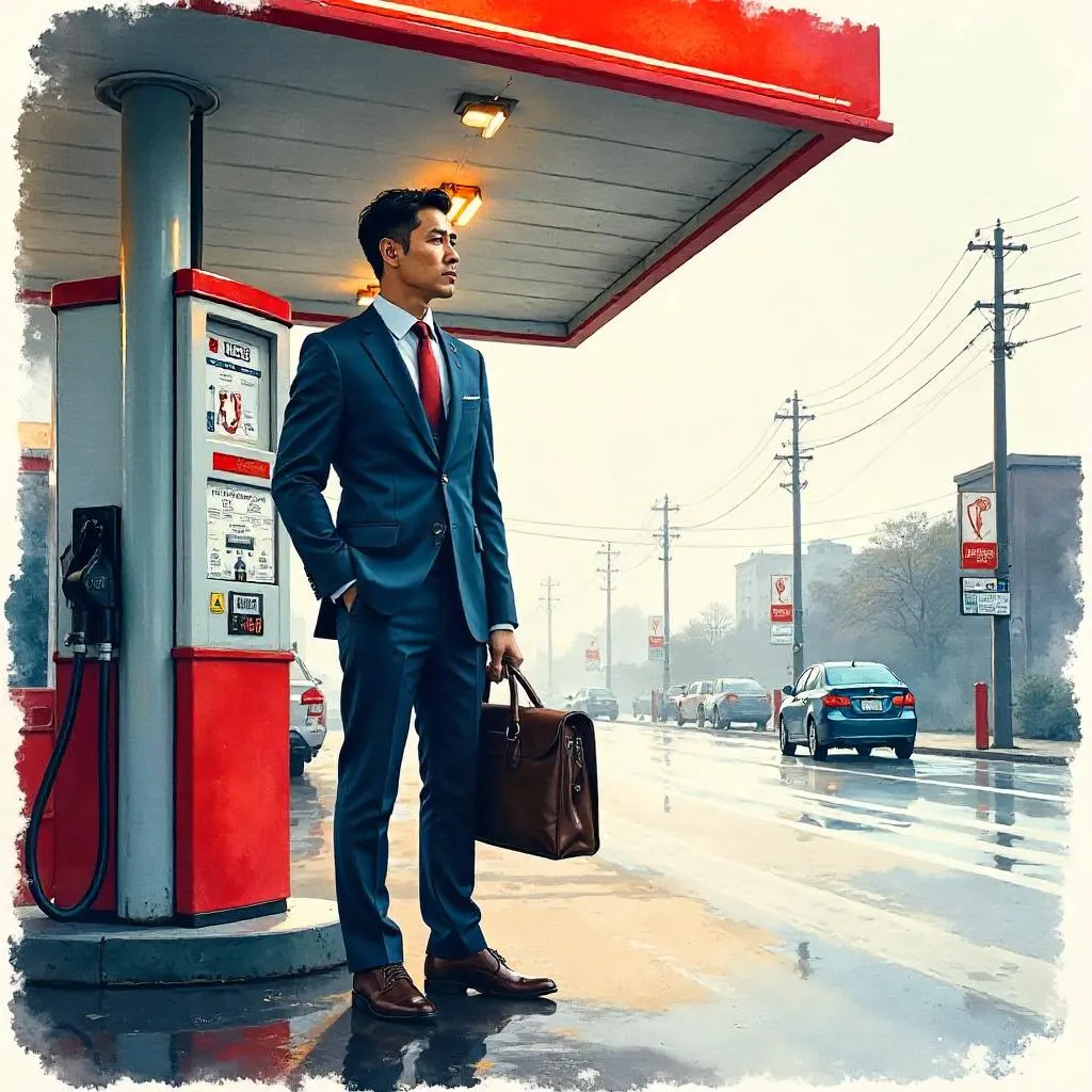 Watercolor Portrait: Professional Asian Man at a Gas Station