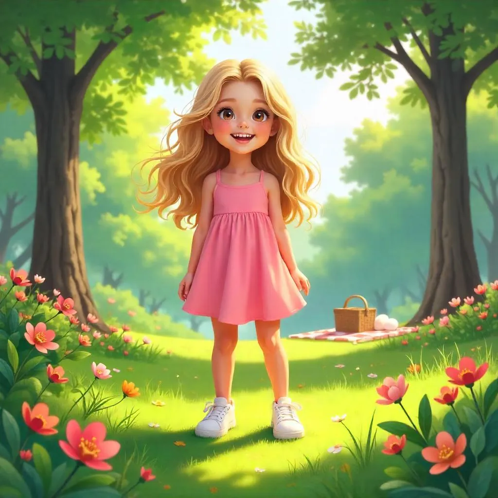 Cheerful White Girl in a Sunlit Park - Digital Art