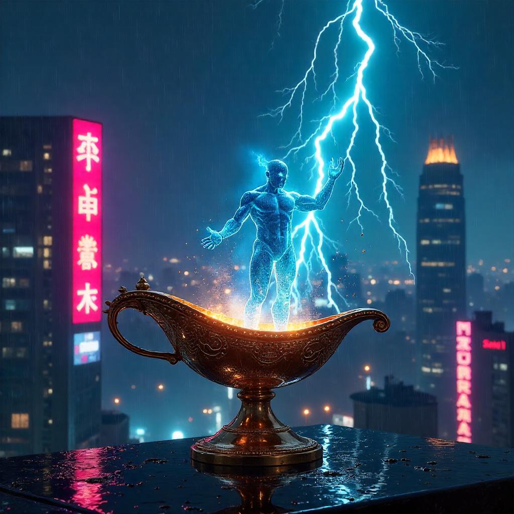 Thunderstorm Neon Genie in Cyberpunk City