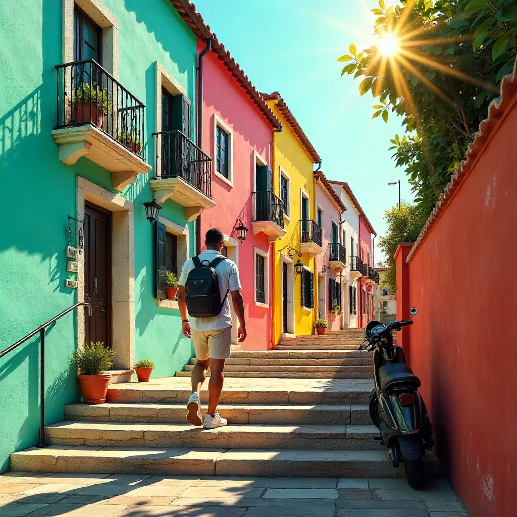Walking Up Colorful Stairs on a Sunny Day