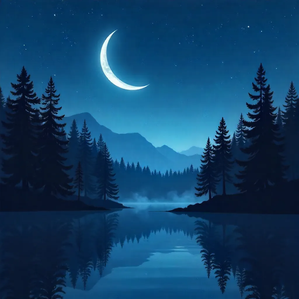 Moonlit Silhouette: Forest Beneath a Crescent Moon