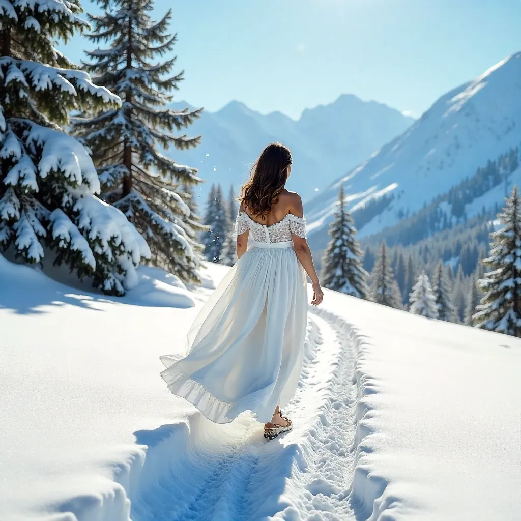 Winter Walk: Woman in White Dress in Snowy Landscape