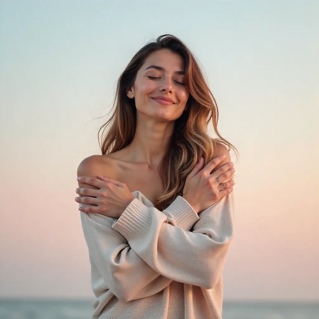 Serene Self-Hug Portrait Under Minimal Sky
