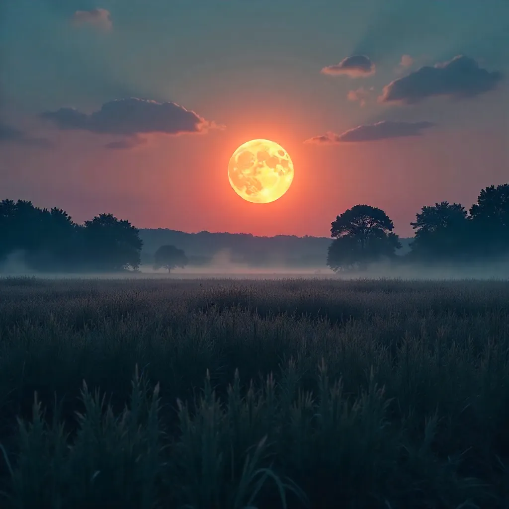 Moonrise at Sunset over a Tranquil Field with Trees