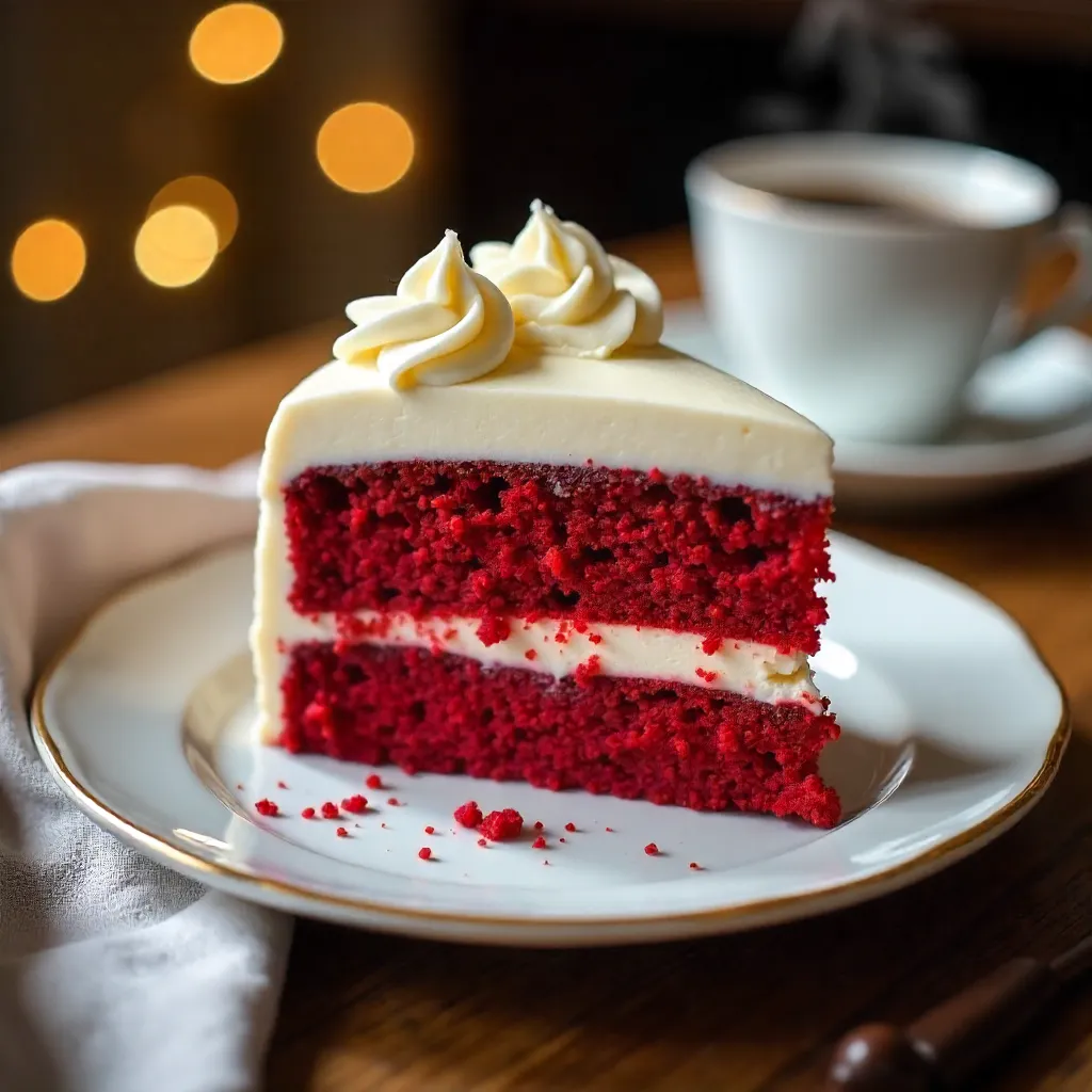 Slice of Red Velvet Cake in Elegant Dessert Setting