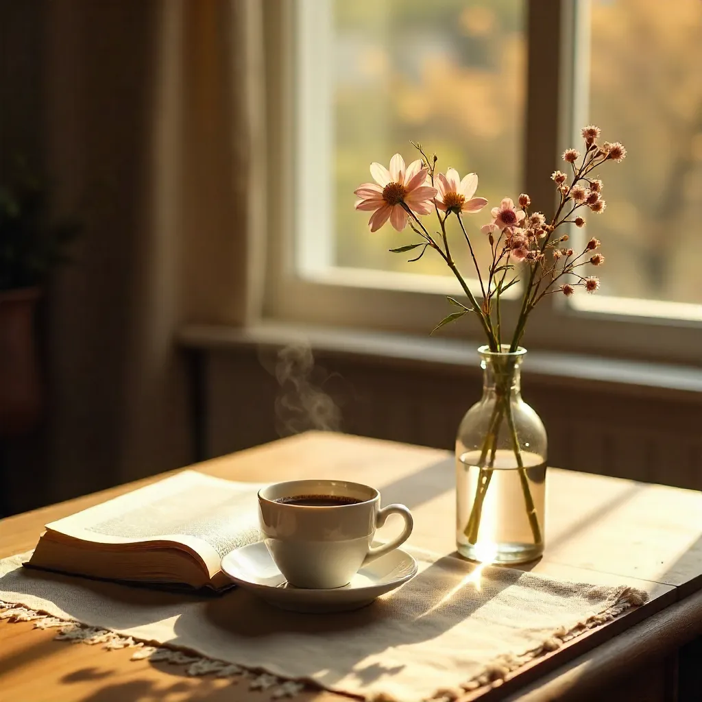 Dawn Tranquility: Book, Coffee, and Flowers on Table