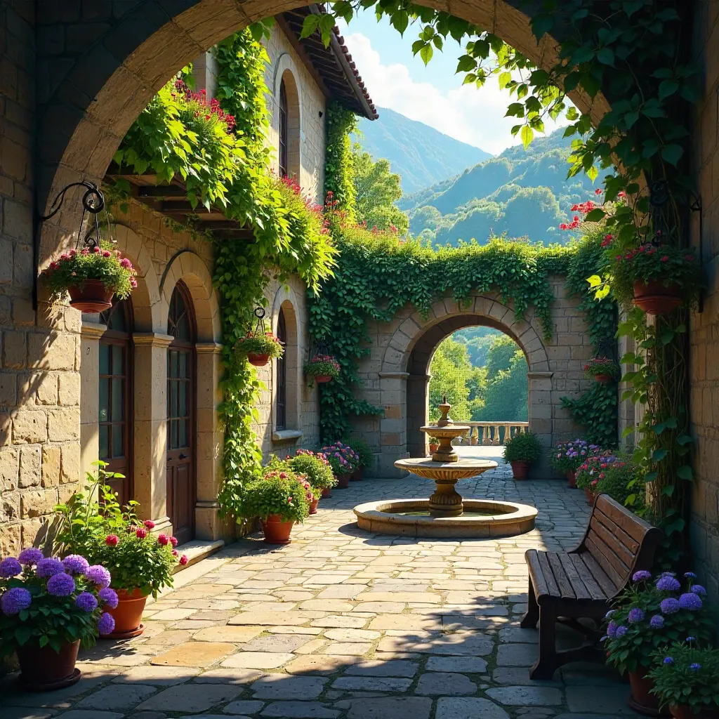 Lush Courtyard Under a Bright Blue Sky