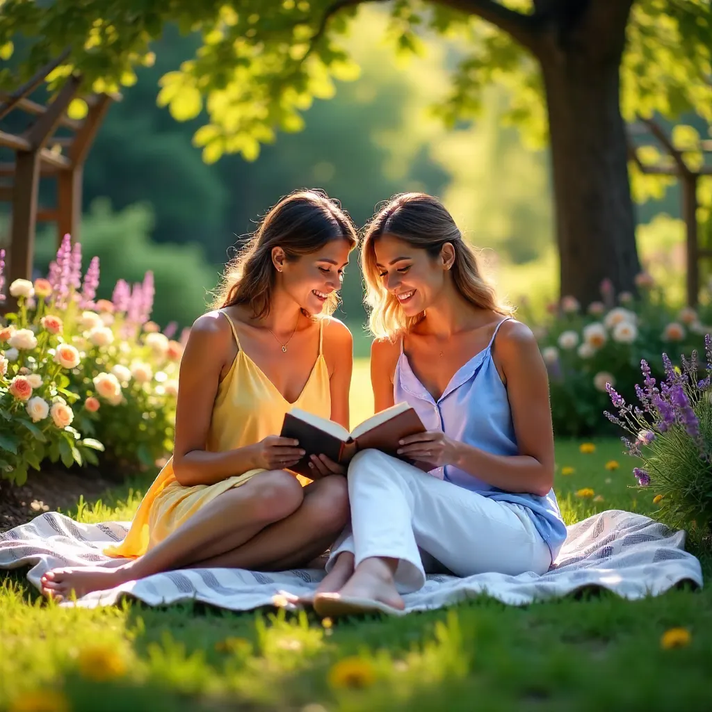Sunlit Garden Reading: Two Women Relax Outdoors