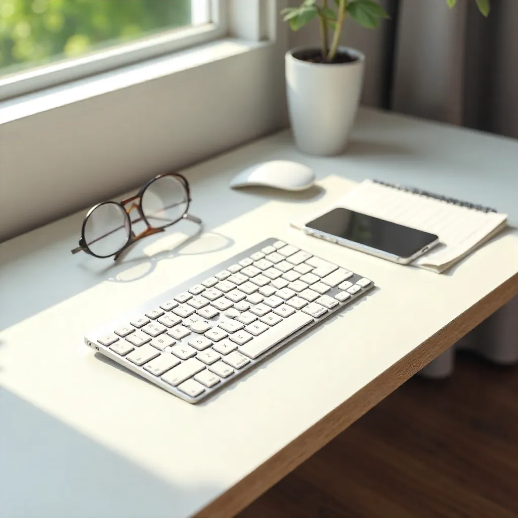 Modern Minimalist Workspace with Phone, Keyboard, Glasses