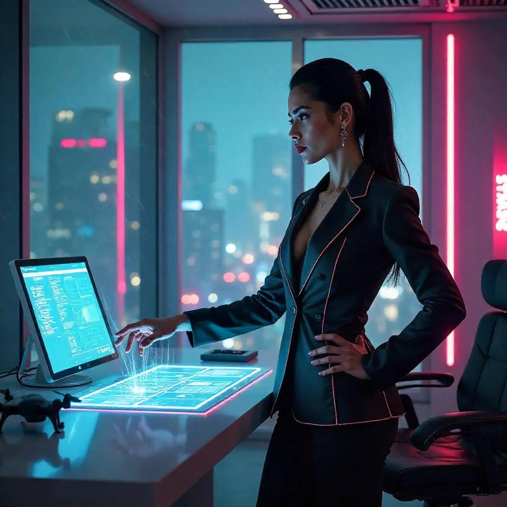 Confident Latina in a Neon Cyberpunk Office