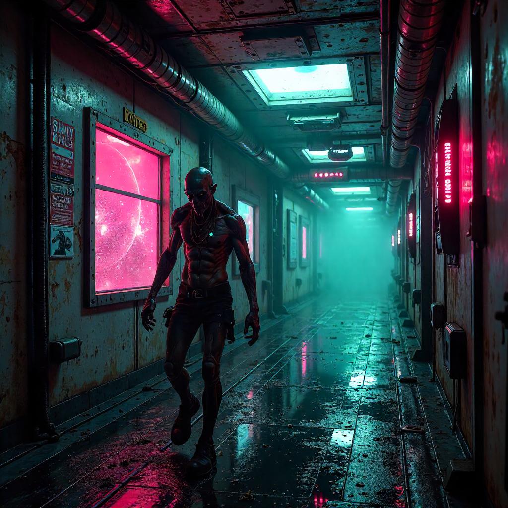 Neon Zombie on a Cyberpunk Space Station