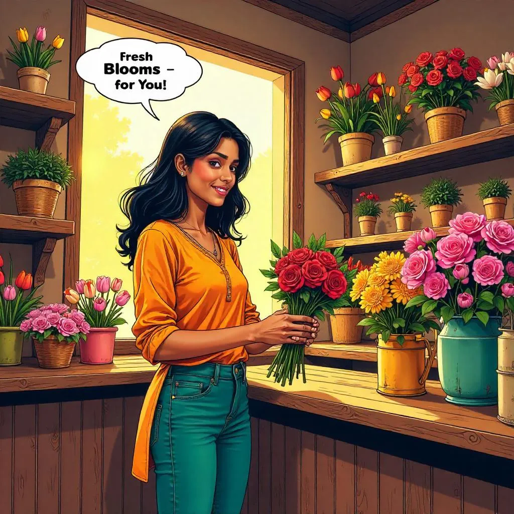Young Indian Woman in a Flower Shop - Comic Style
