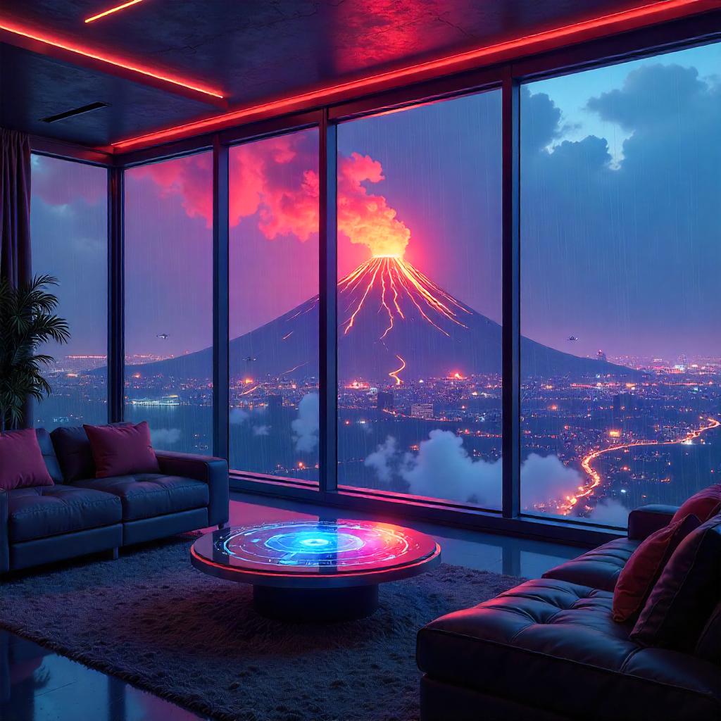 Volcano Neon Penthouse Over Cyberpunk City