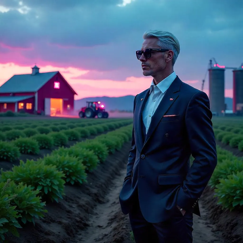 Elegant Cyberpunk Gentleman on a Neon Farm