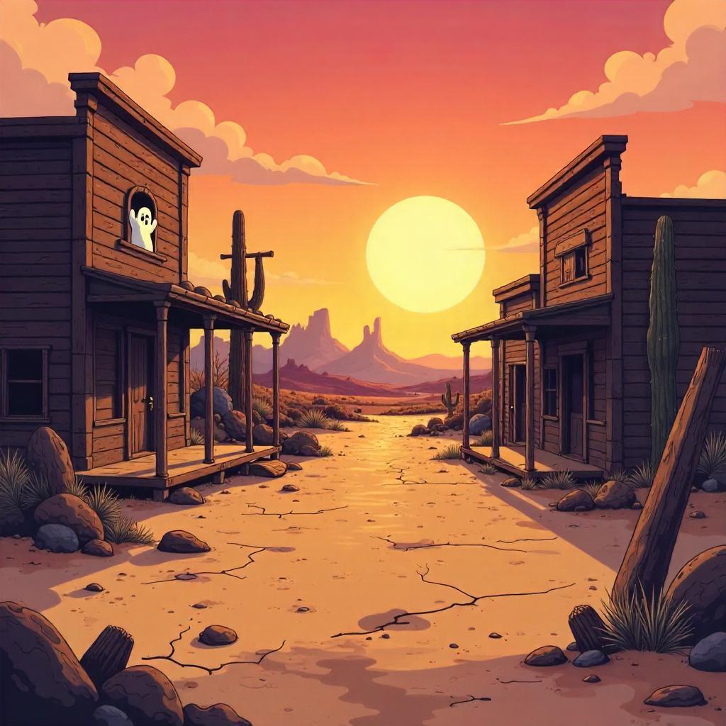 Cartoon Ghost Town Ruins at Dusk