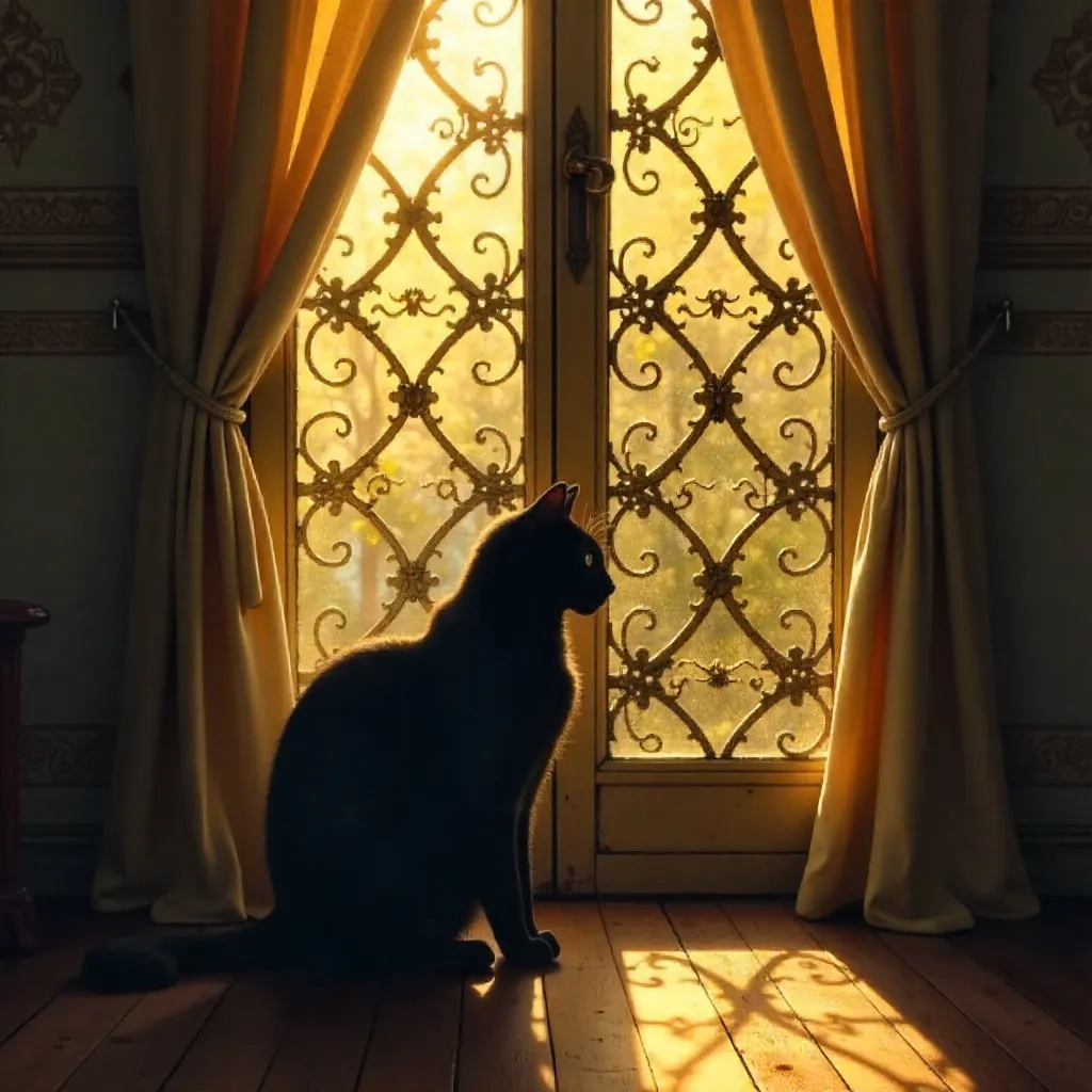Gentle Silhouette of a Black Cat by a Vintage Window Grate