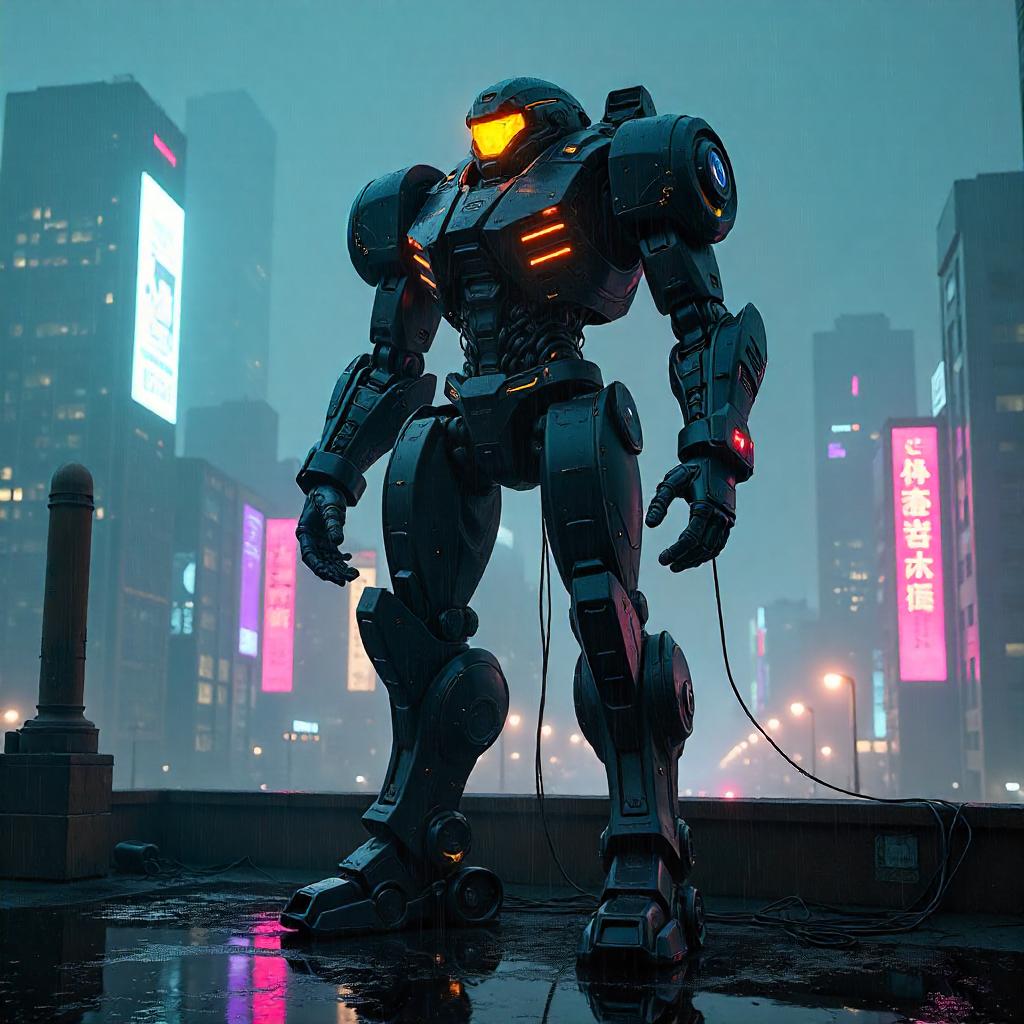 Neon Rooftop Mech in Cyberpunk Night