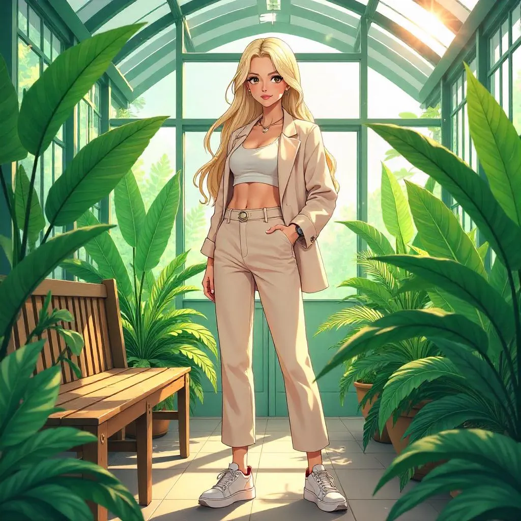Anime-Style Caucasian Woman in a Lush Greenhouse