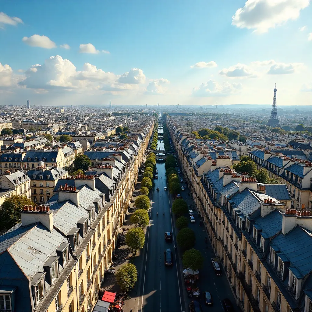 Sweeping Aerial View of Paris Rooftops and Skyline