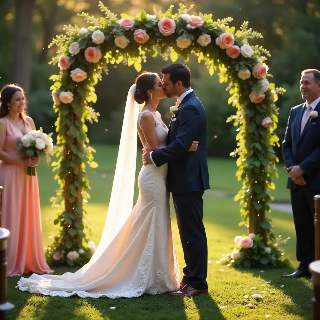 Elegant Outdoor Wedding Kiss: Romantic Couple