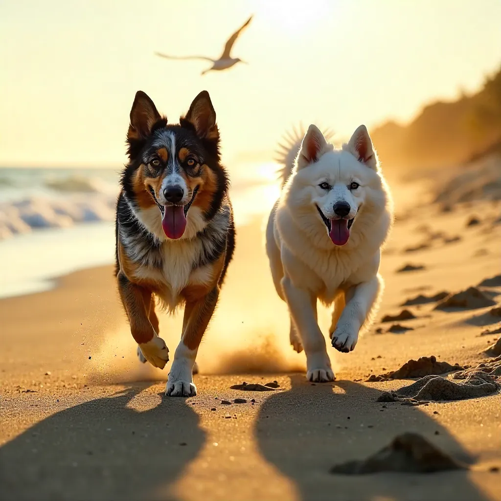 Joyful Beach Dash: Australian Shepherd and Samoyed