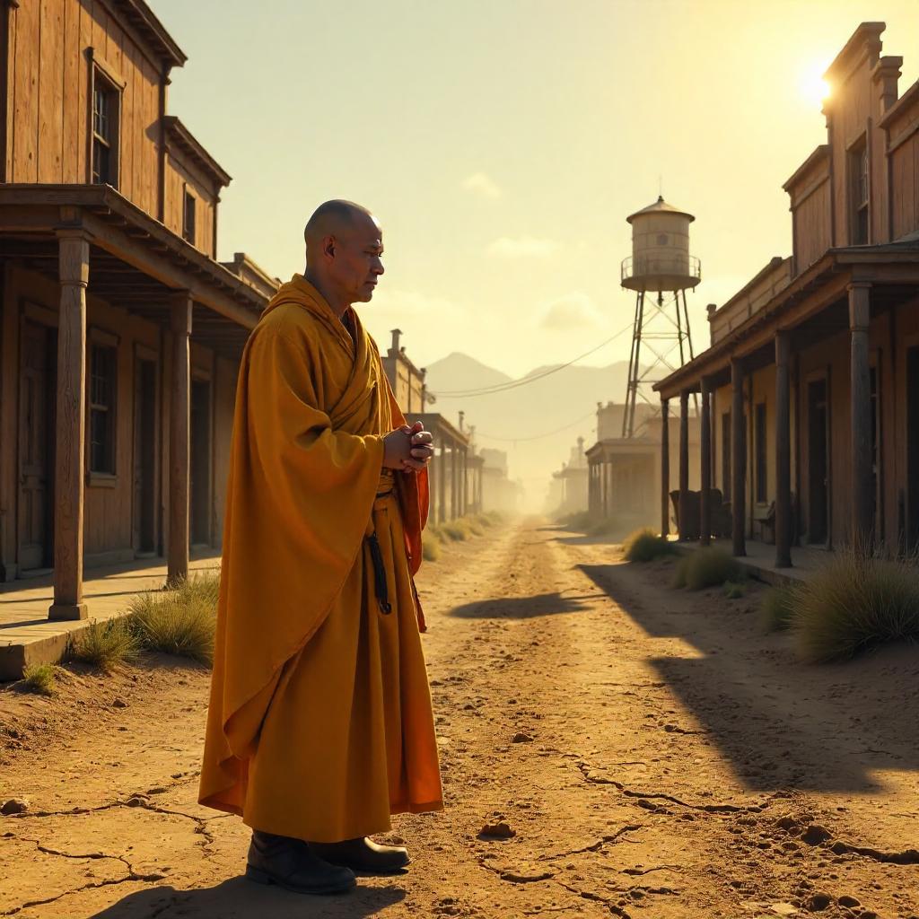 Photorealistic Monk in a Ghost Town at Golden Hour