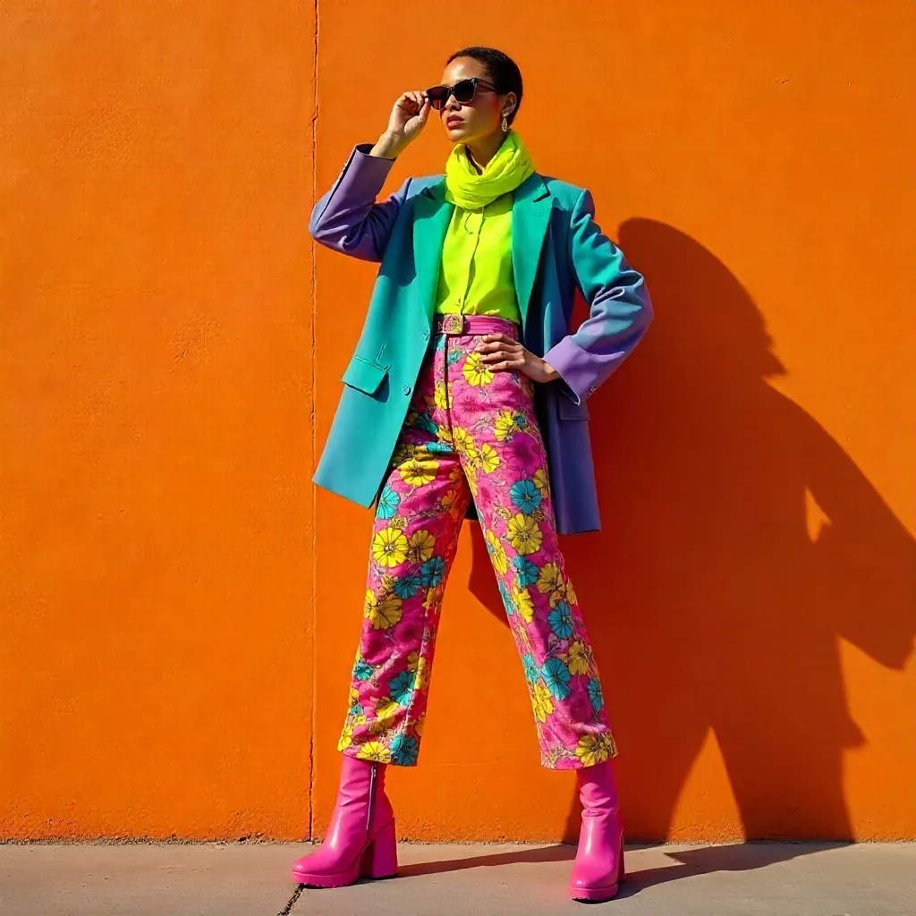 Vibrant Attire Against a Bold Orange Wall