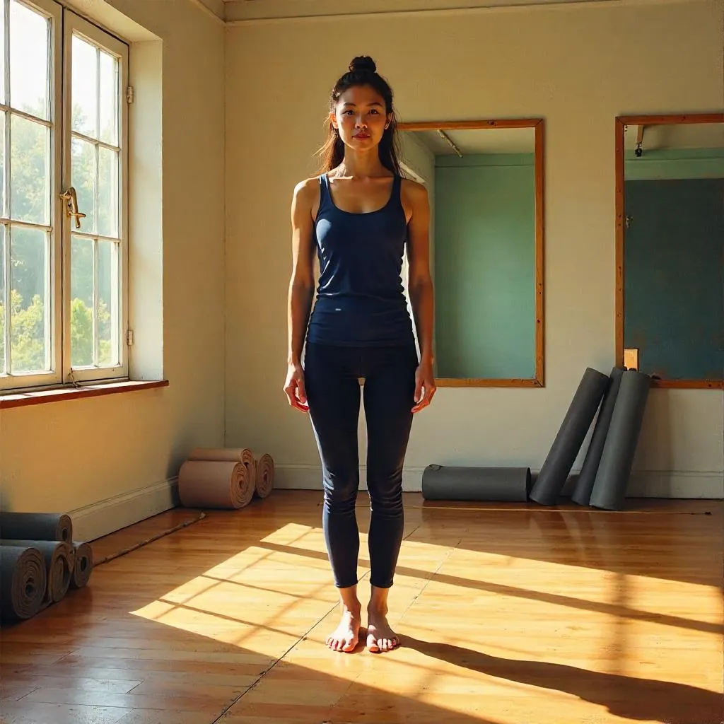 Confident Asian Woman in a Yoga Studio — Oil Portrait