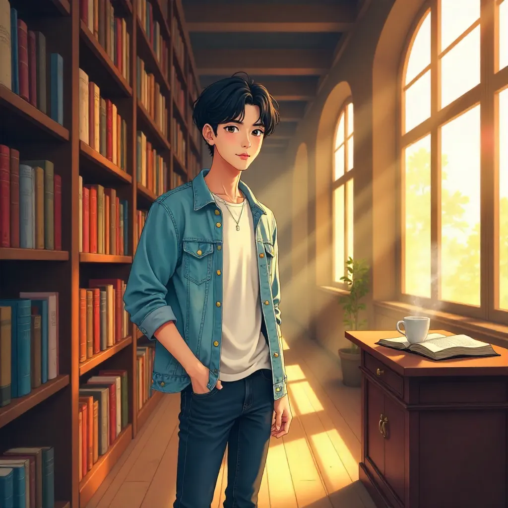 Anime-style Young Asian Man in a Quiet Library