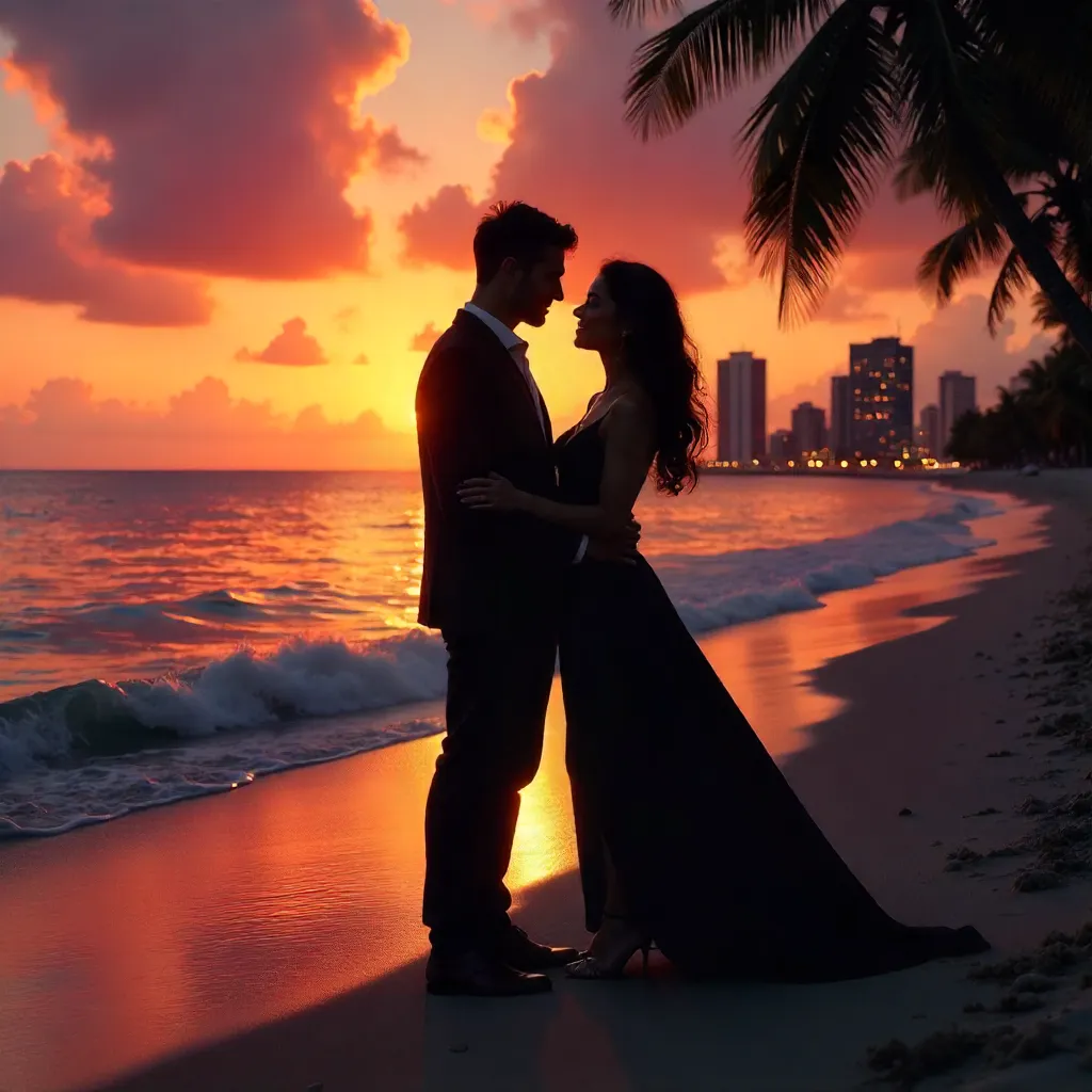 Romantic silhouettes at sunset over a city skyline