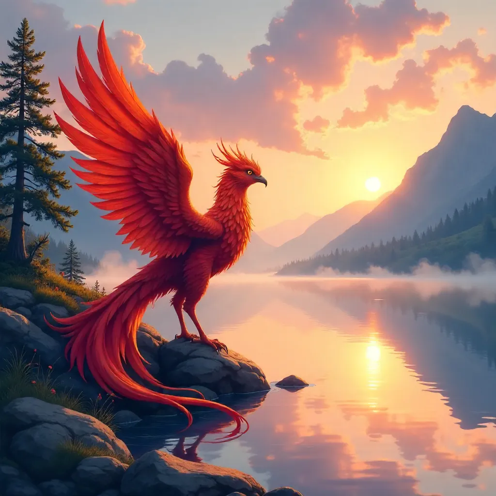 Anime Phoenix by a tranquil lakeside at sunset