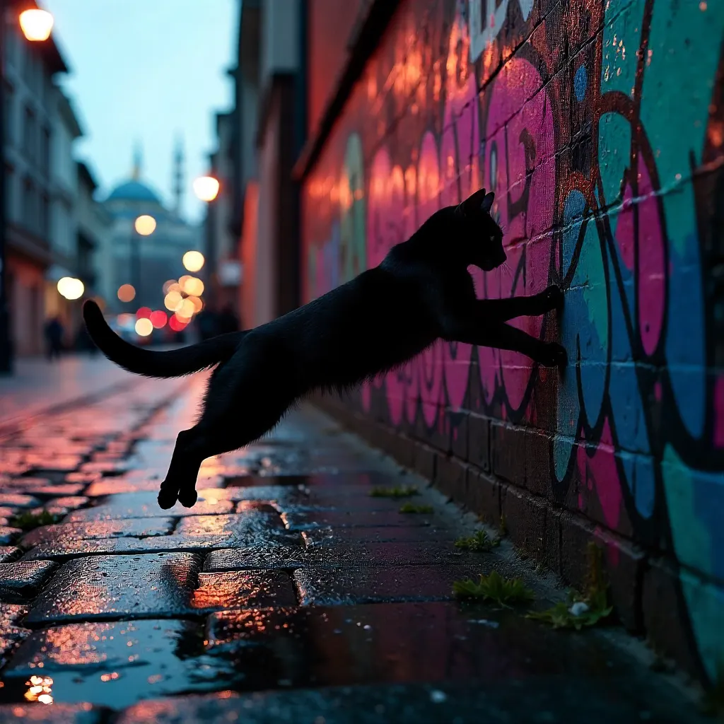 Urban Shadow: Black Cat Leaping on Graffiti Wall in Istanbul