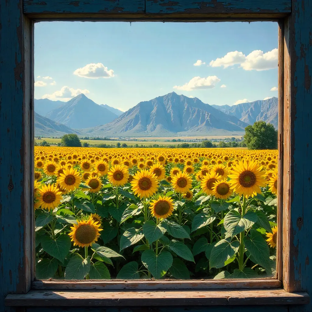 Sunflower Field Through an Old Window