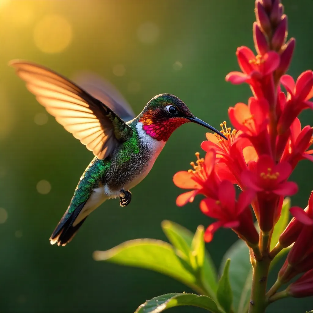 Anna's Hummingbird on Bright Red Garden Blooms