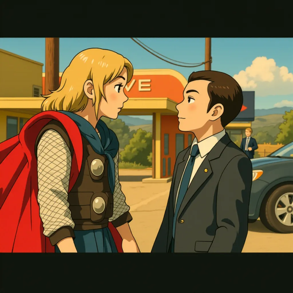 Clark Gregg, Zade Rosenthal, and Chris Hemsworth in Thor (2011) - Anime style