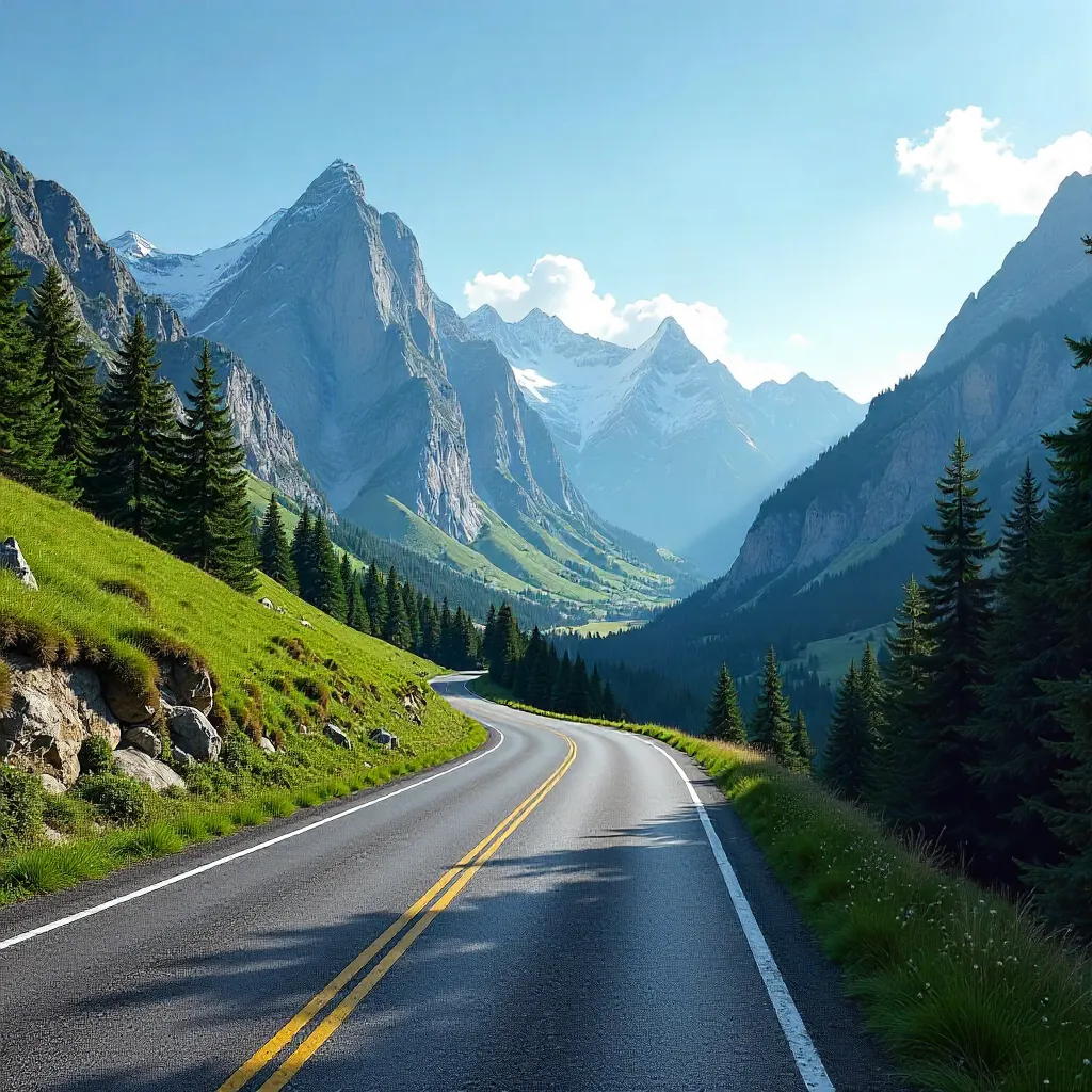 Winding Mountain Road under a Clear Blue Sky