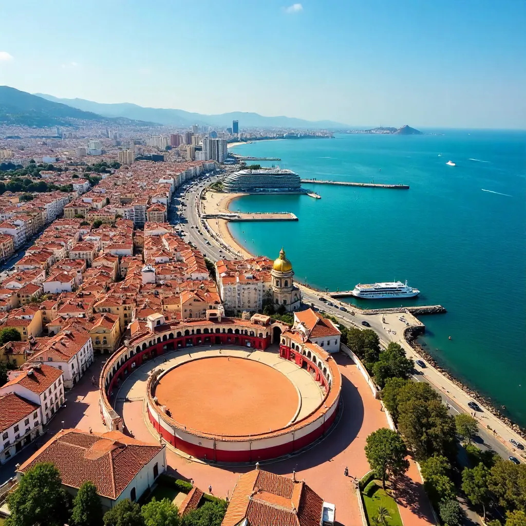 Aerial Majesty over Málaga: Bullring and Coastline