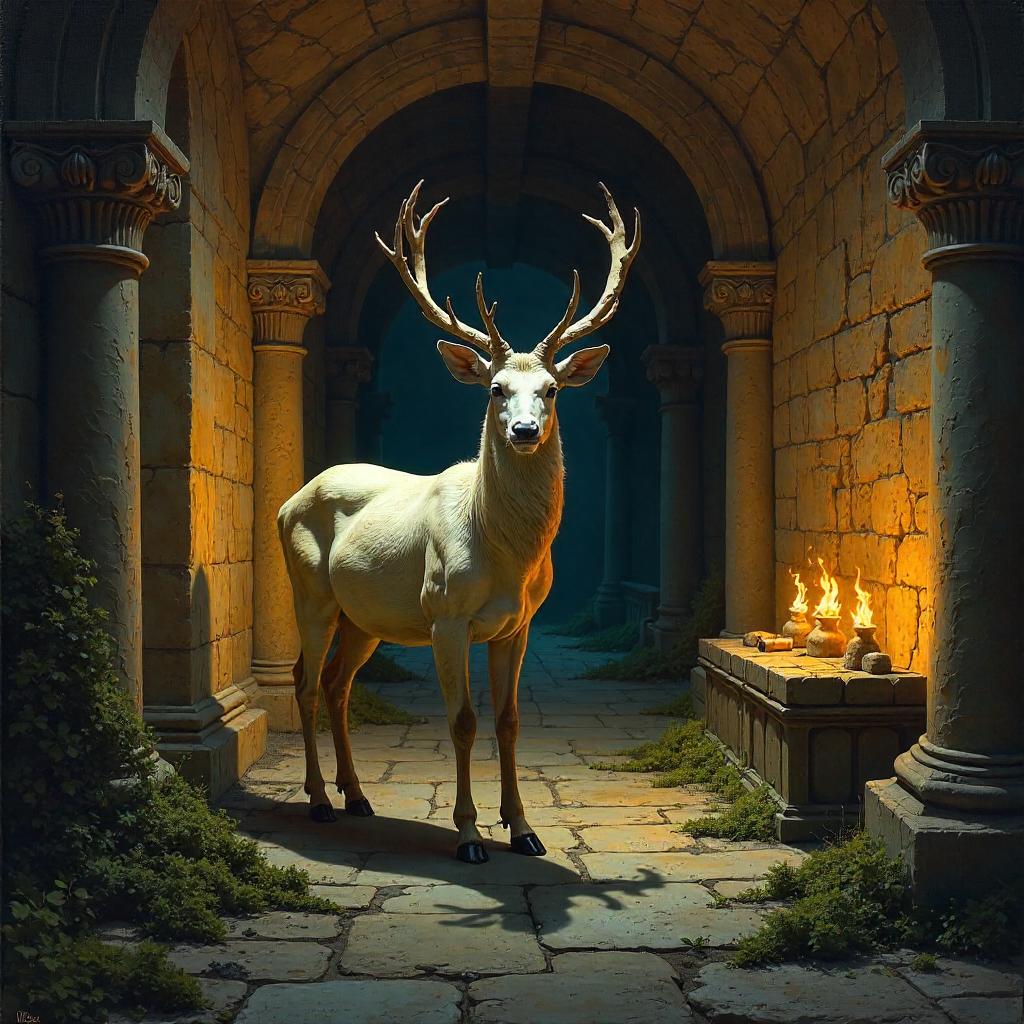 Mystical Deer in an Ancient Crypt — Oil Painting
