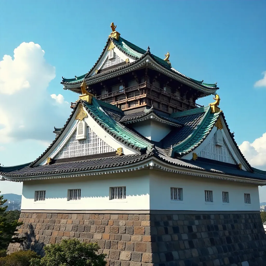 Ornate Rooftop of Osaka Castle Under Azure Sky