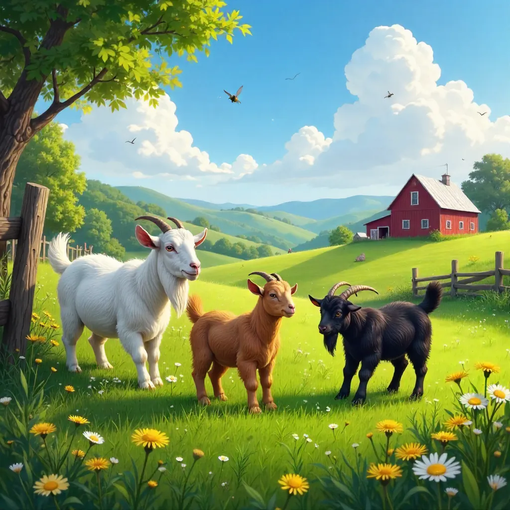 Three Goats on a Sunny Meadow: Rural Farm Scene
