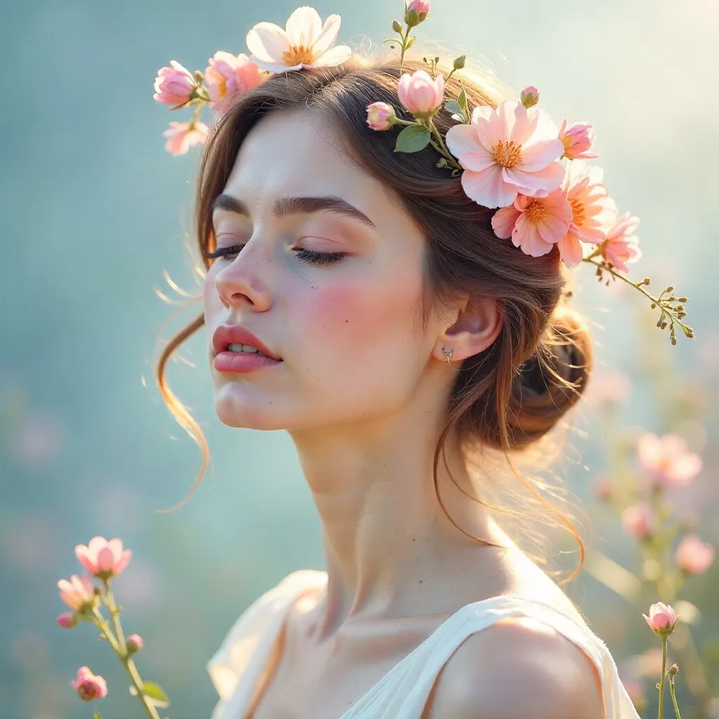 Dreamy Floral Portrait with Soft Light