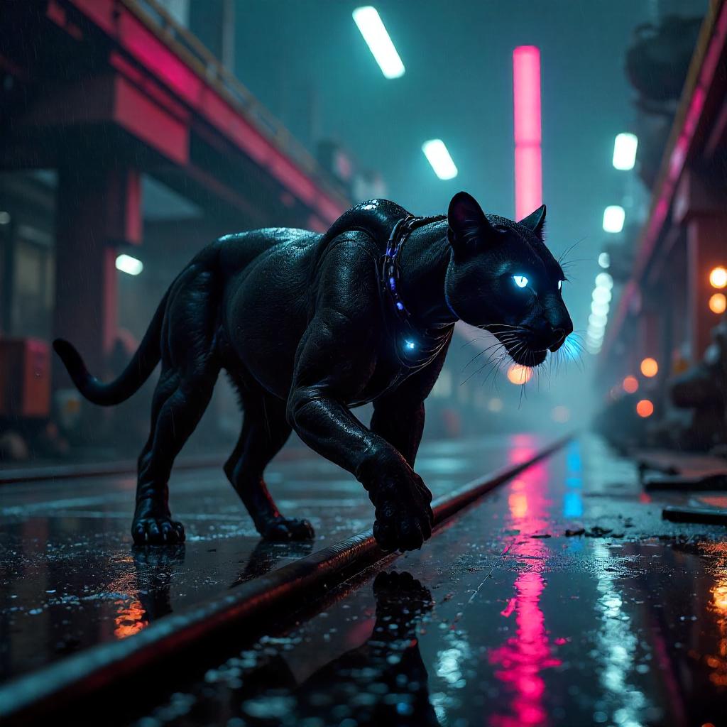 Panther in Neon Cyberpunk Factory
