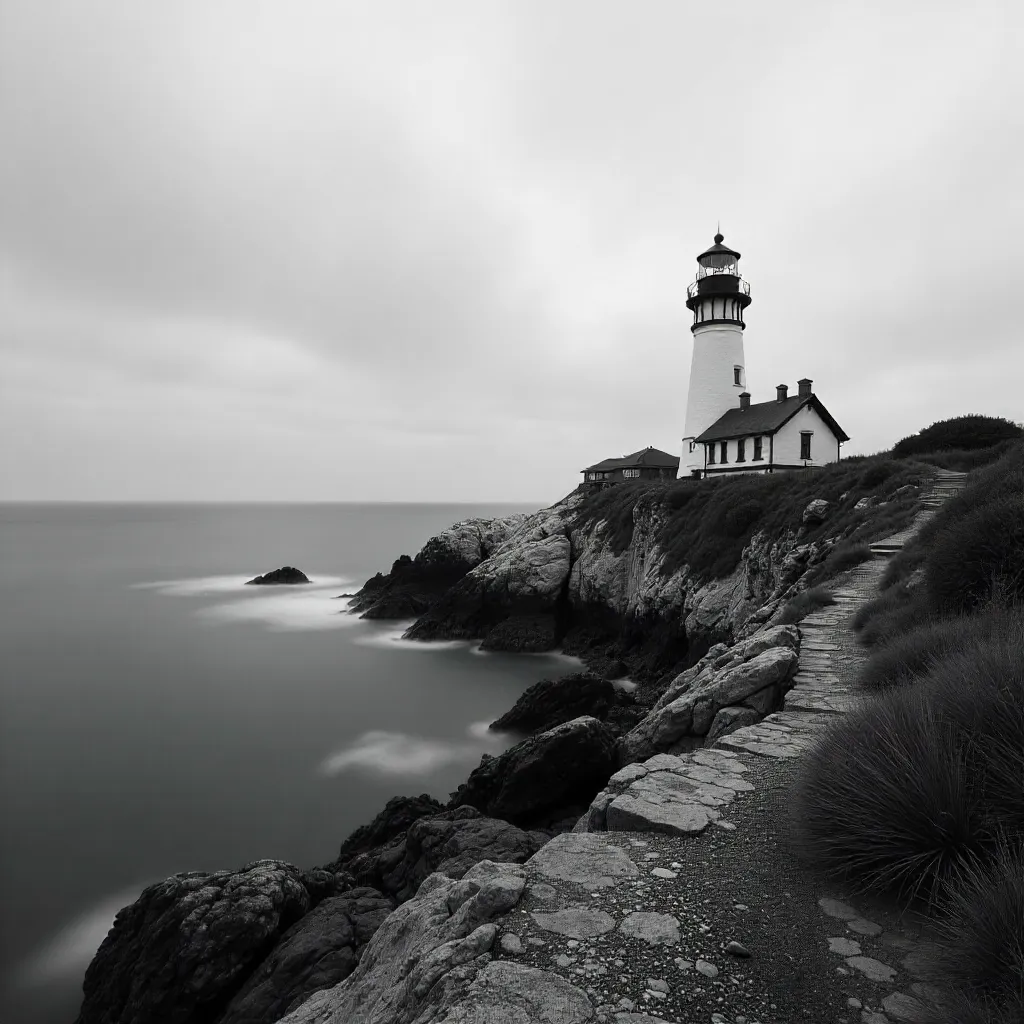 Timeless Black-and-White Lighthouse by the Rocks